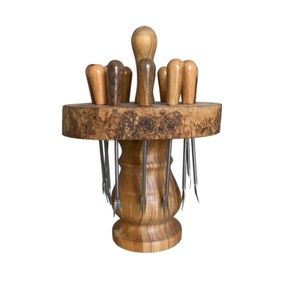 Olive Wood Small Table Fork Holder with 12 Sticks Handmade